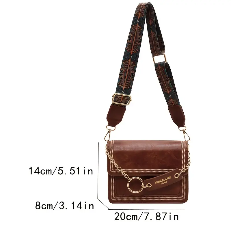 Chain Decor Square Crossbody Bag, Small Stitch Detail Flap Purse, Women's  Faux Leather Shoulder Bag - Temu