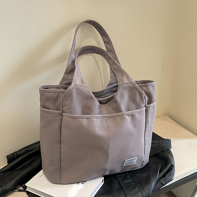 Solid Color Canvas Tote Bag Multi Pockets Handbag Large - Temu United ...