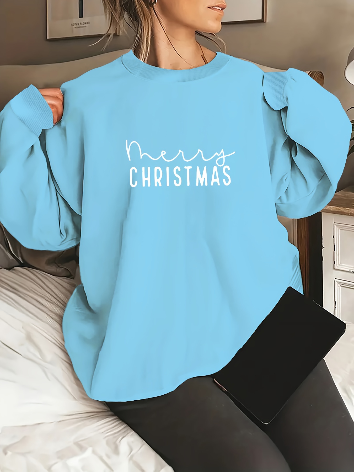 Plus Size Christmas Casual Sweatshirt, Women's Plus Christmas Slogan Print  Long Sleeve Round Neck Sweatshirt