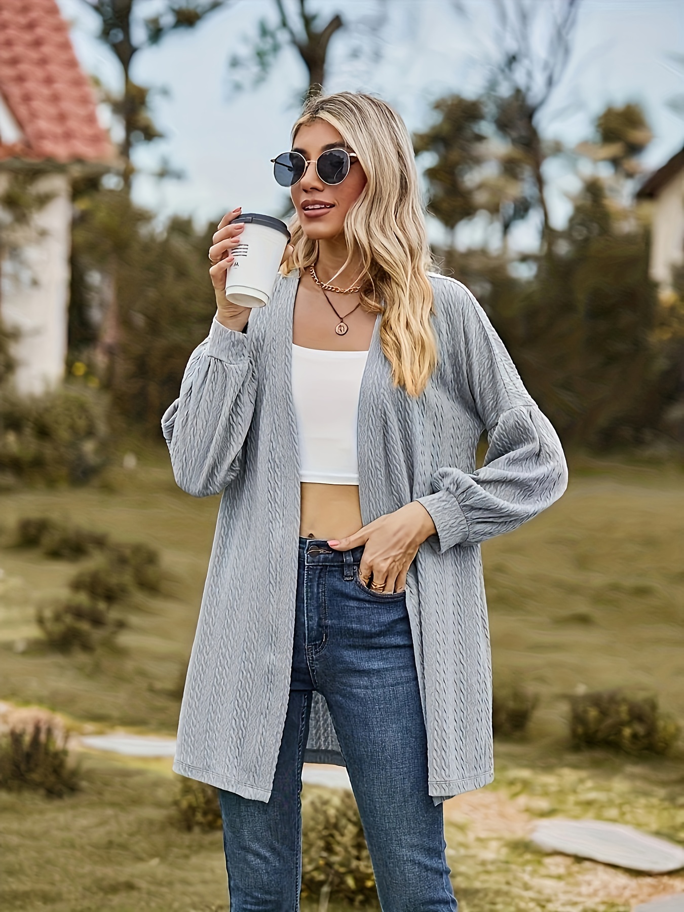 Solid Knitted Long Sleeve Open Front Cardigan