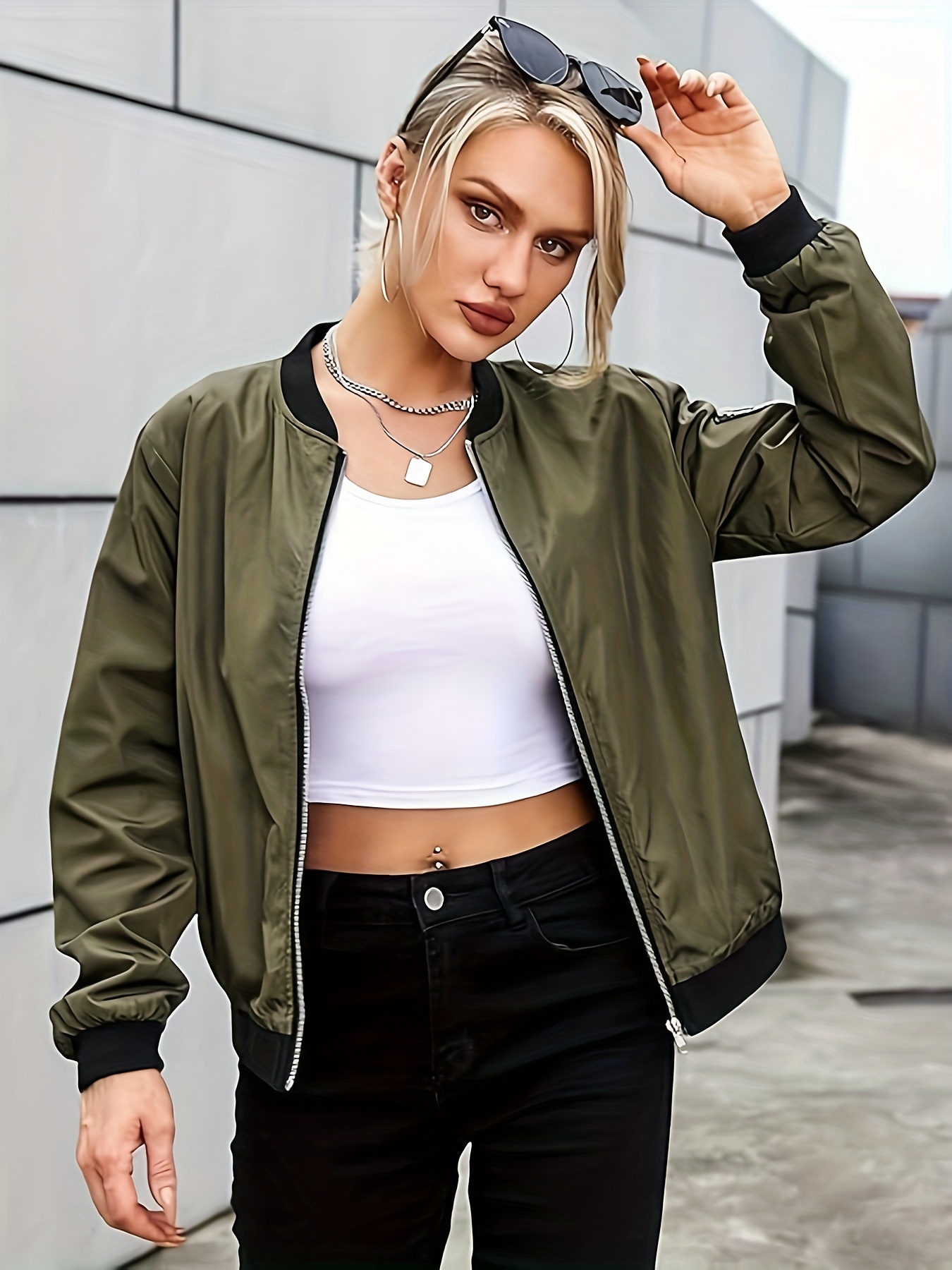 Solid Zip Up Jacket, Casual Long Sleeve Drop Shoulder Outwear For Spring &  Fall, Women's Clothing