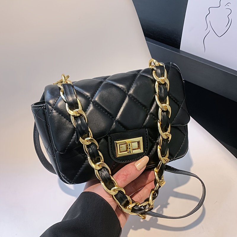 Luxury Quilted Crossbody Bag, Mini Chain Shoulder Bag, Women's Rhombus Square Purse with Turn Lock,Black,None,$14.99,Temu