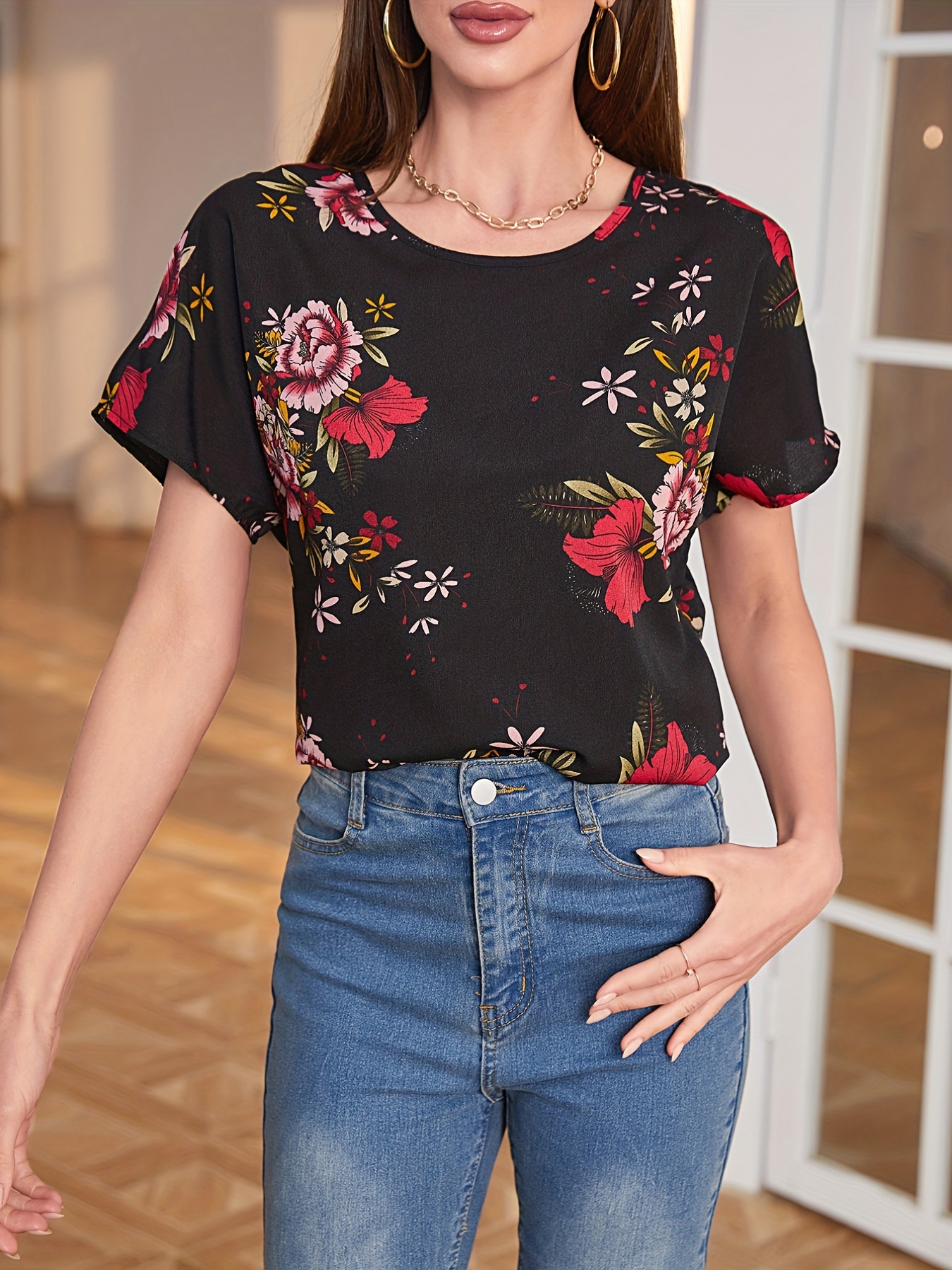 Vintage Floral Print T shirt Short Sleeve Crew Neck Casual - Temu