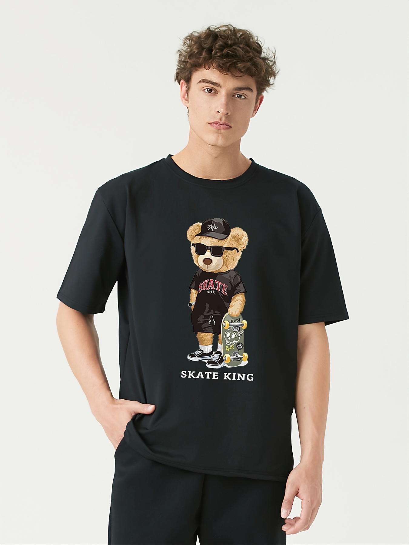 Men's Skate King Cartoon Bear Print Round Neck Short Sleeve T-shirt - Temu