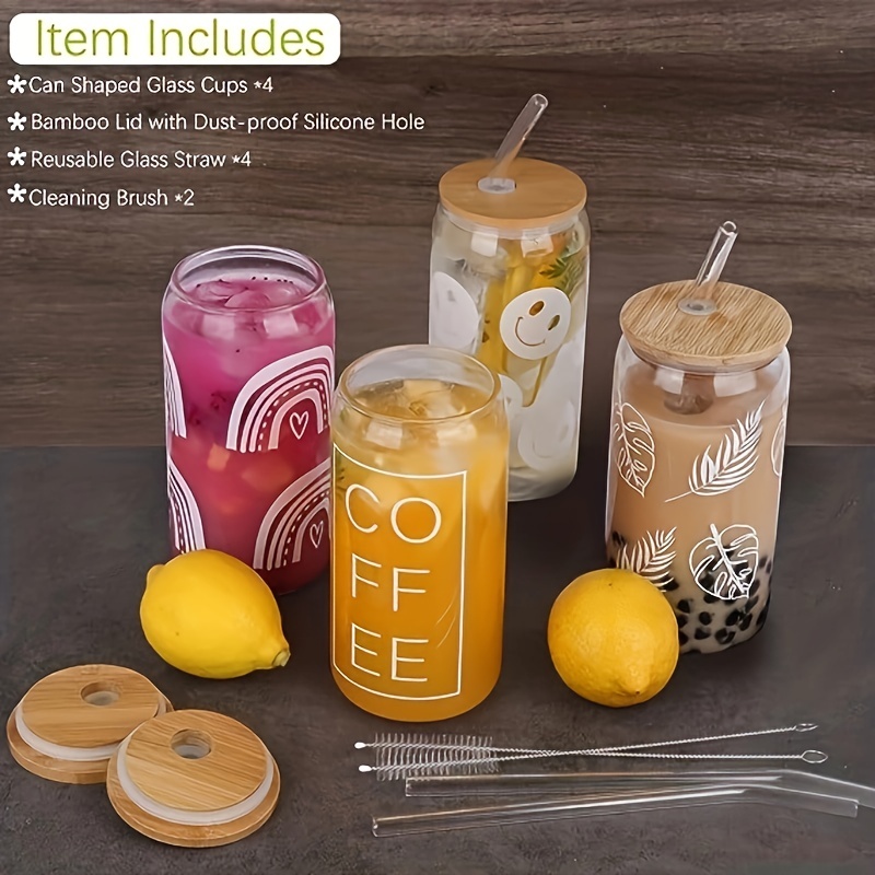 Reusable 16oz Glass Soda Can Style Tumbler with Bamboo Lid and Glass Straw. Lemons