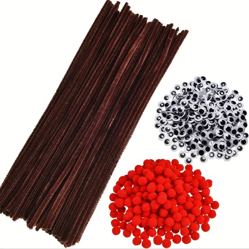 300pcs Christmas Brown Pipe Cleaners Set Including 100pcs Brown Chenille  Stems, 100pcs Self-Sticking Wiggle Googly Eyes And 100pcs Red Pompoms For  Chr