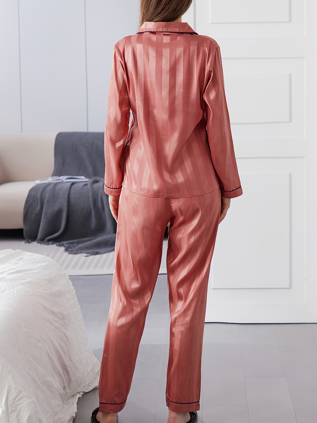 Striped Satin Pajama Set Long Sleeve Buttons Top Elastic - Temu