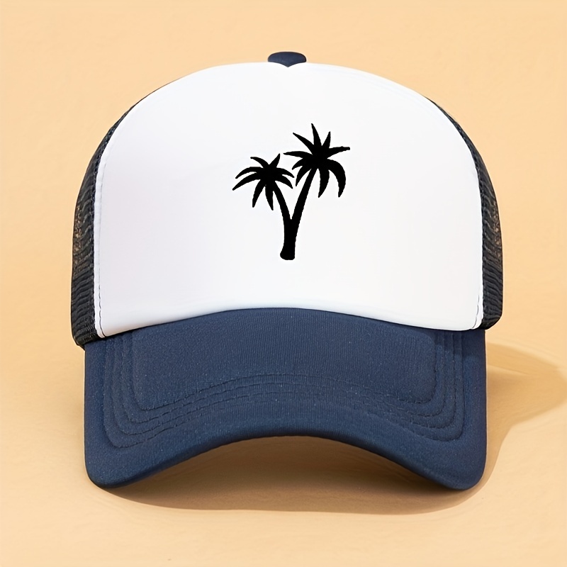 Coconut Tree Print Trucker Hat Mesh Block Baseball Cap Lightweight