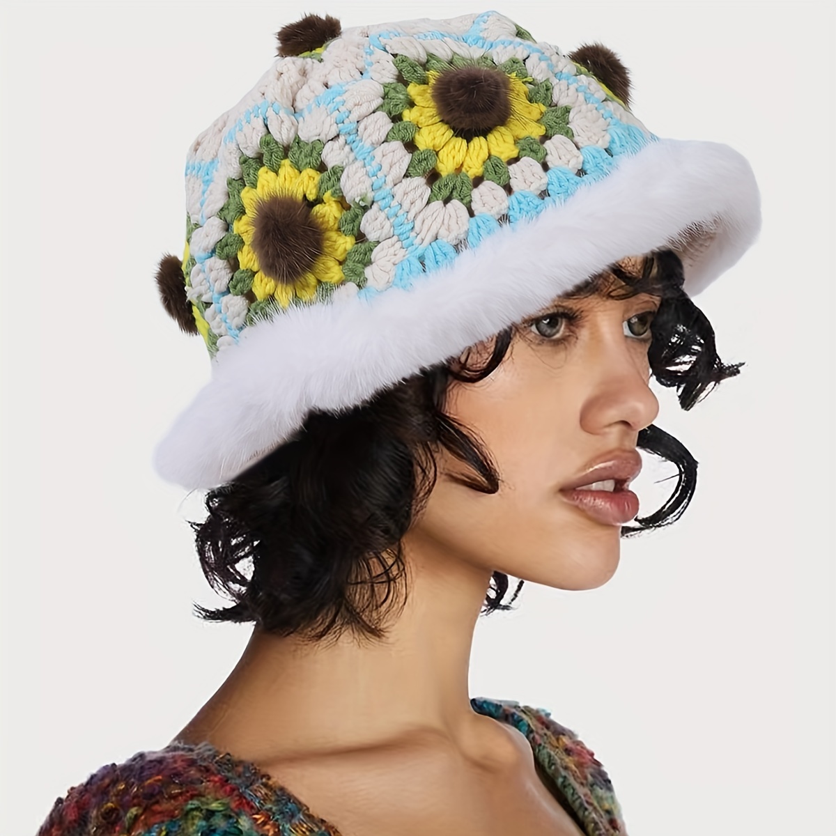 Boho Sunflower Crochet Bucket Hat Classic Color Block Basin - Temu