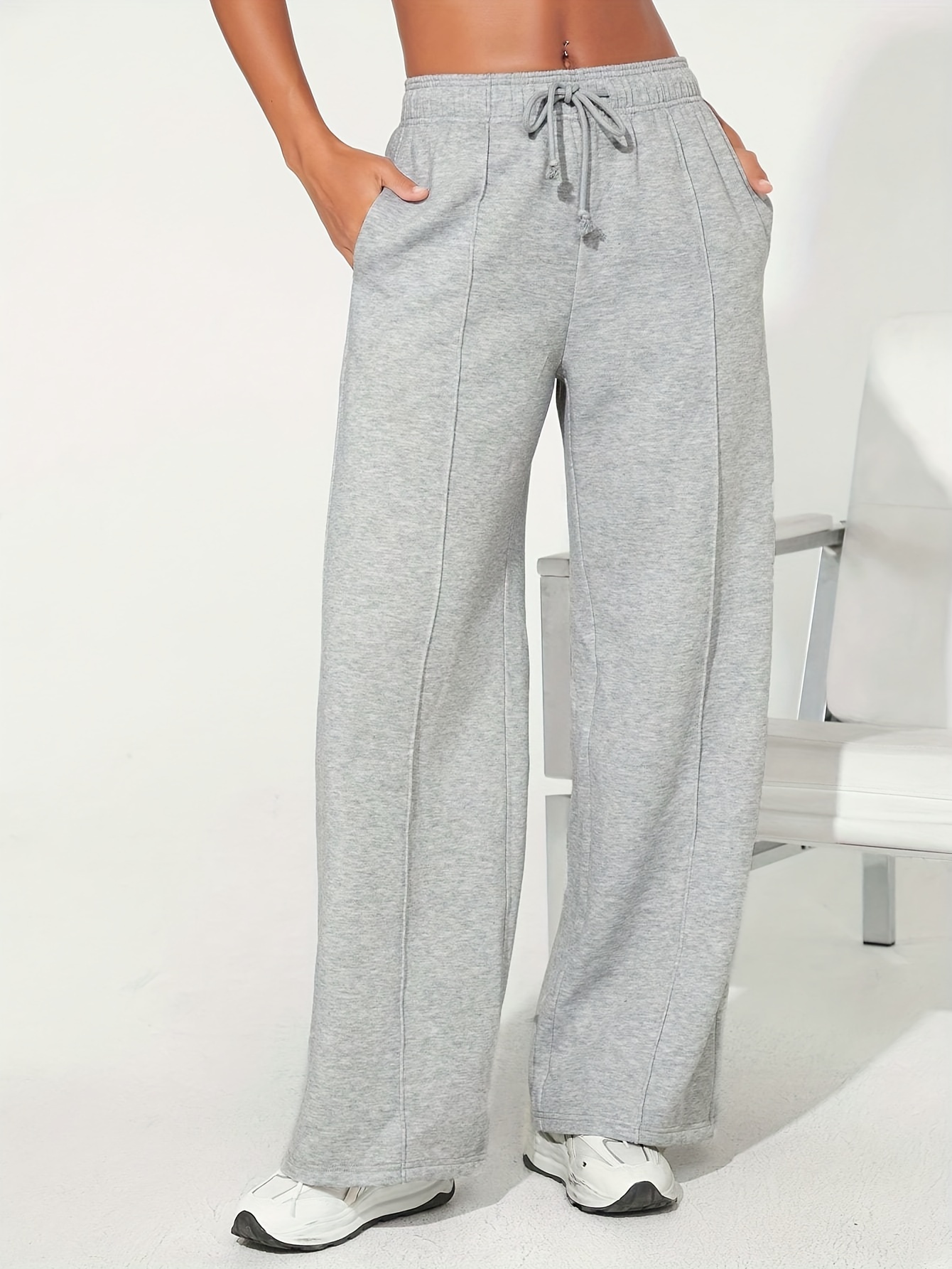 Solid Wide Leg Sweatpants, Casual Drawstring Waist Slant Pocket Pants,  Women's Clothing