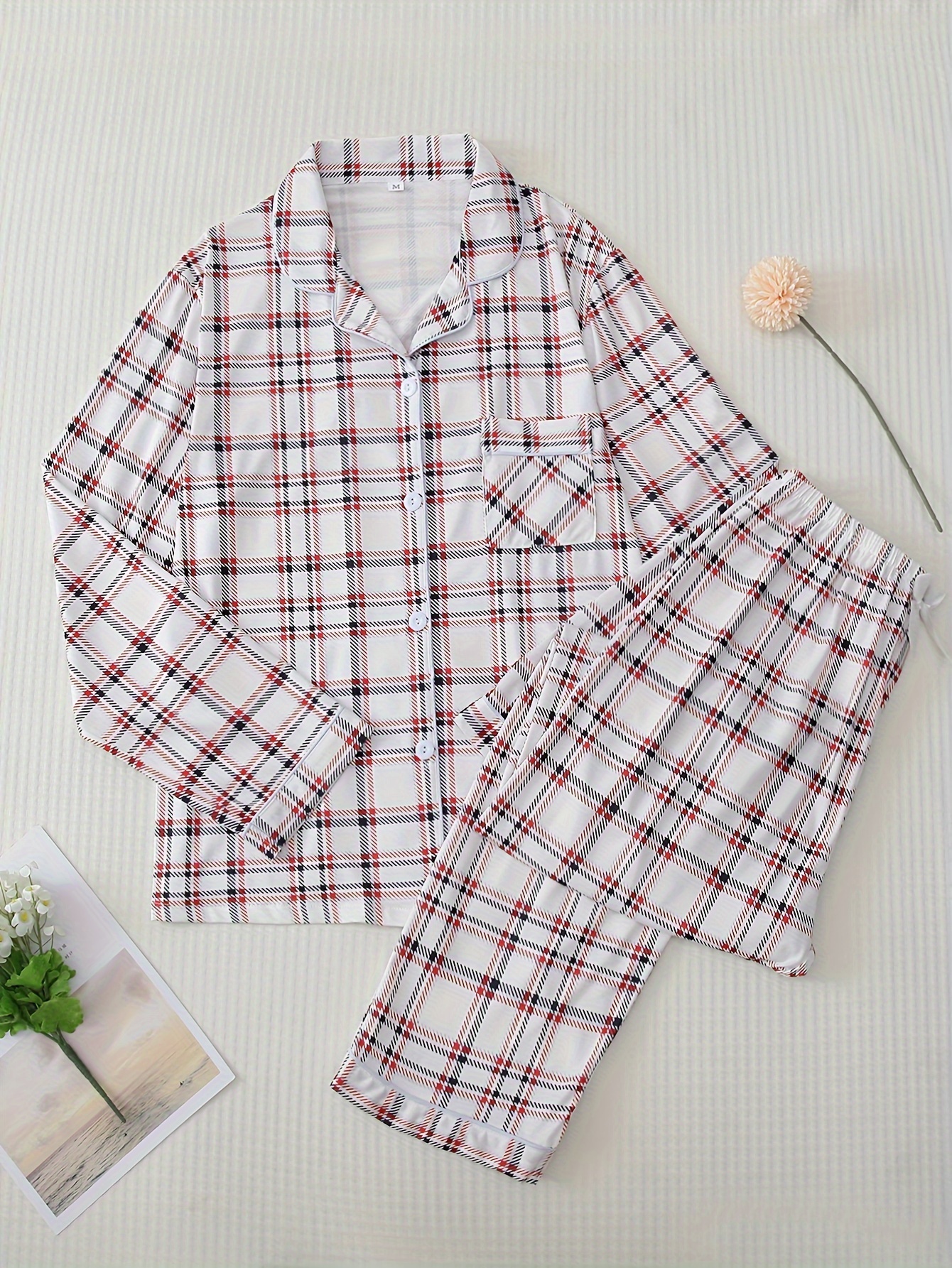 Plaid Pajama Set Long Sleeve Lapel Top Elastic Waistband - Temu