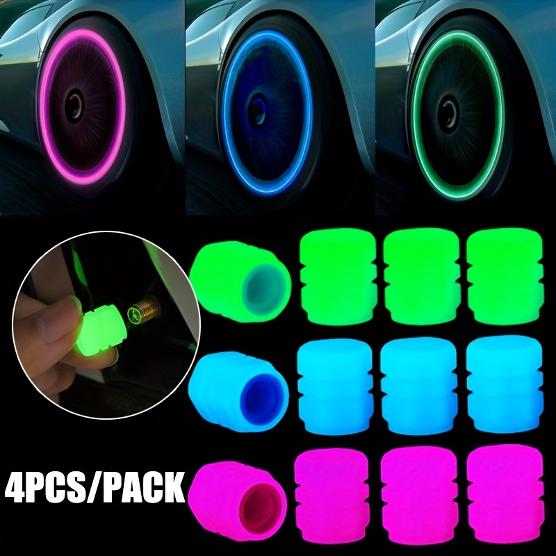 

4pcs Car Tire Valve Stem Caps Fluorescence, Luminous Air Caps Cover, Universal For Cars, Bike, Trucks And Motorcycles, Bicycle Lighting Accessories, Sunlight Needed