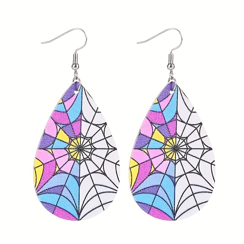 Multicolor Leather Spider Web Teardrop Earrings