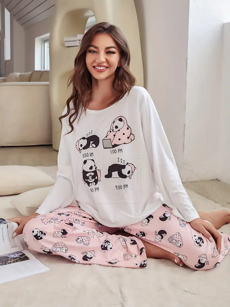 Cartoon Panda Print Pajama Set Long Sleeve Crew Neck Top - Temu Canada