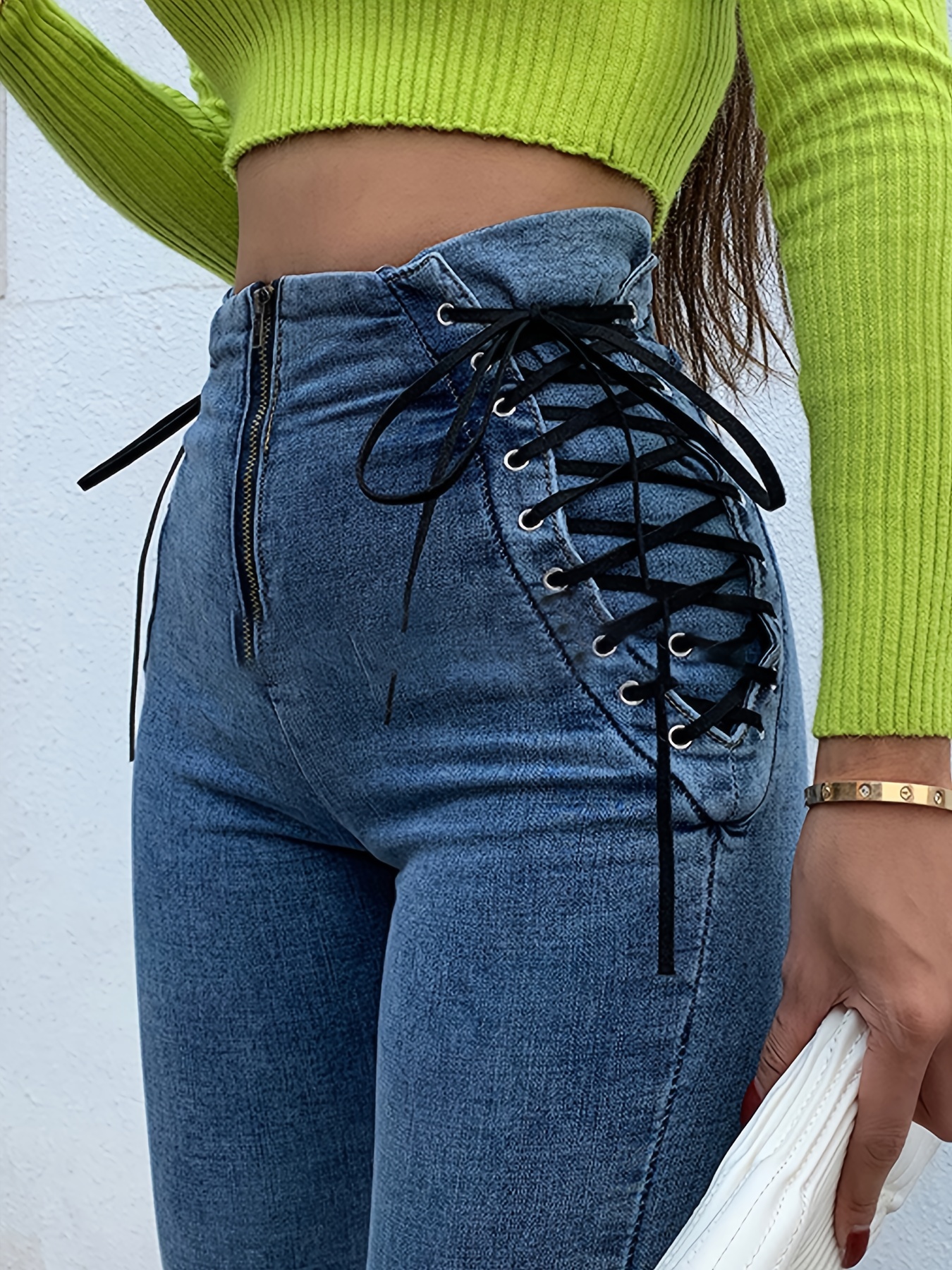 High Zipper Front Closure Lace Waist Side Black Strings - Temu