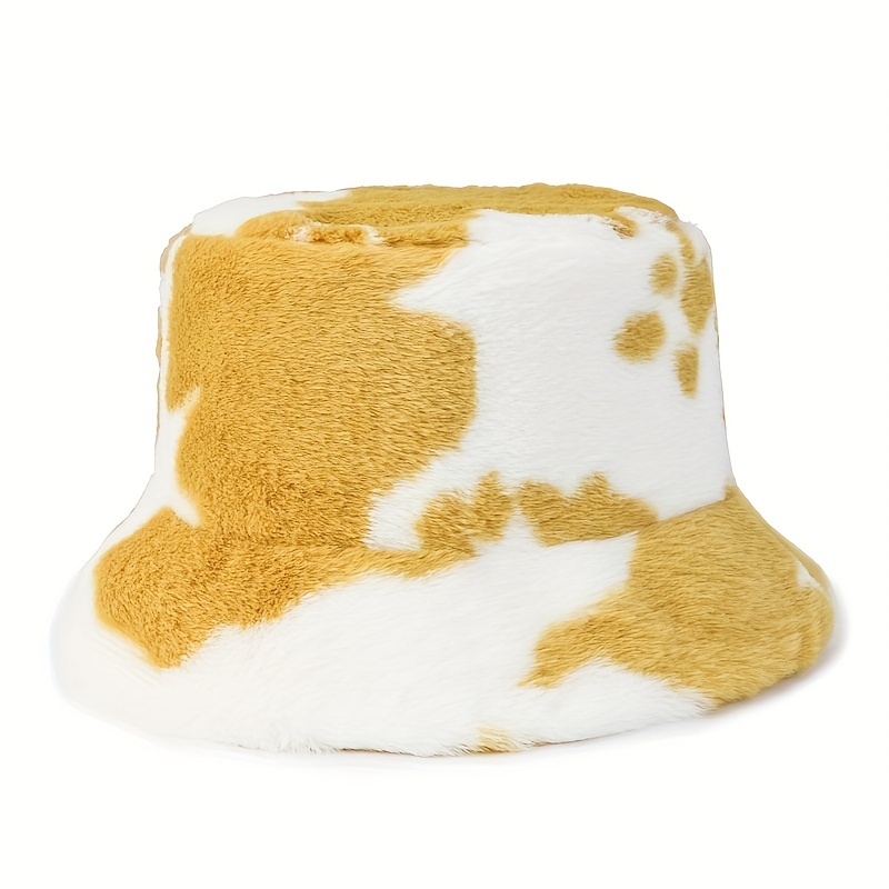 Fluffy Cow Print Bucket Hat Faux Fur Thick Windproof Warm - Temu