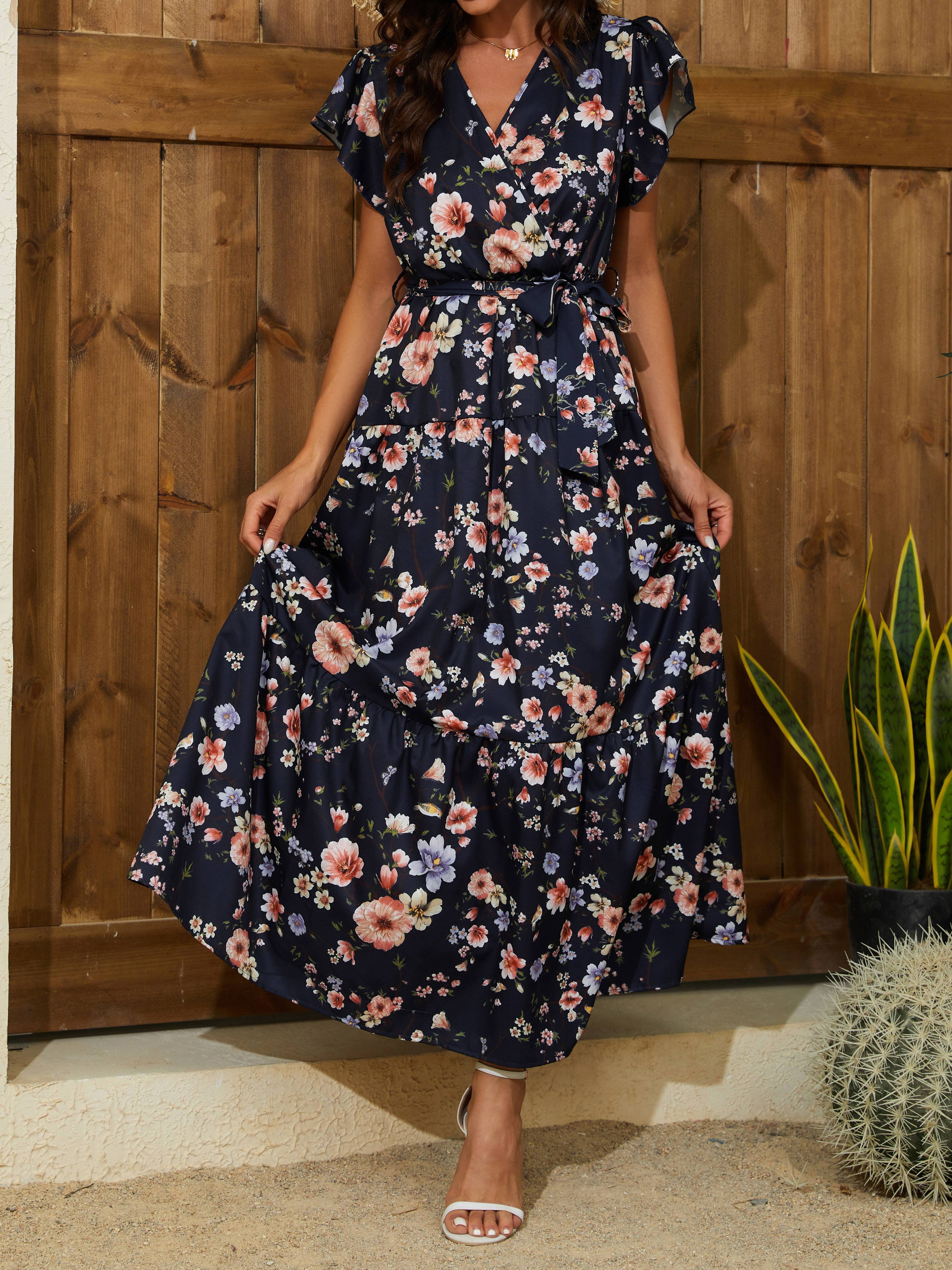 ワンピース Flower Printed Sleeves Dress floral print ruffle sleeve dress elegant surplice neck - Temu Canada