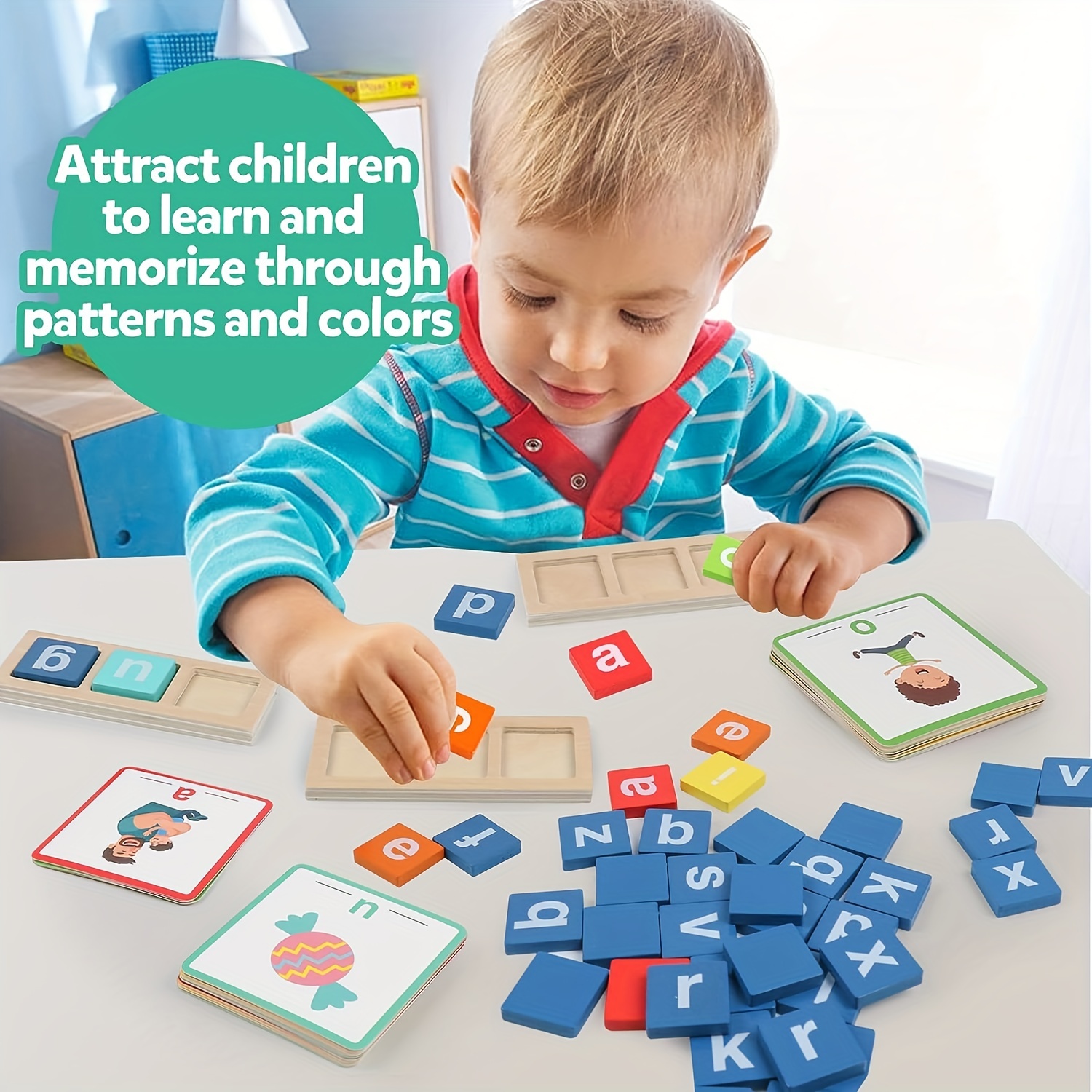 Juegos de ortografía de palabras CVC de madera, actividades de aprendizaje  de jardín de infantes preescolar para niños de 2, 3, 4, 5, 6 años, juguetes