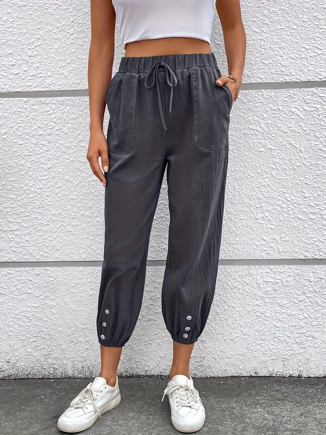 solid button cropped jogger pants casual tied elastic waist cotton pants with pocket womens clothing