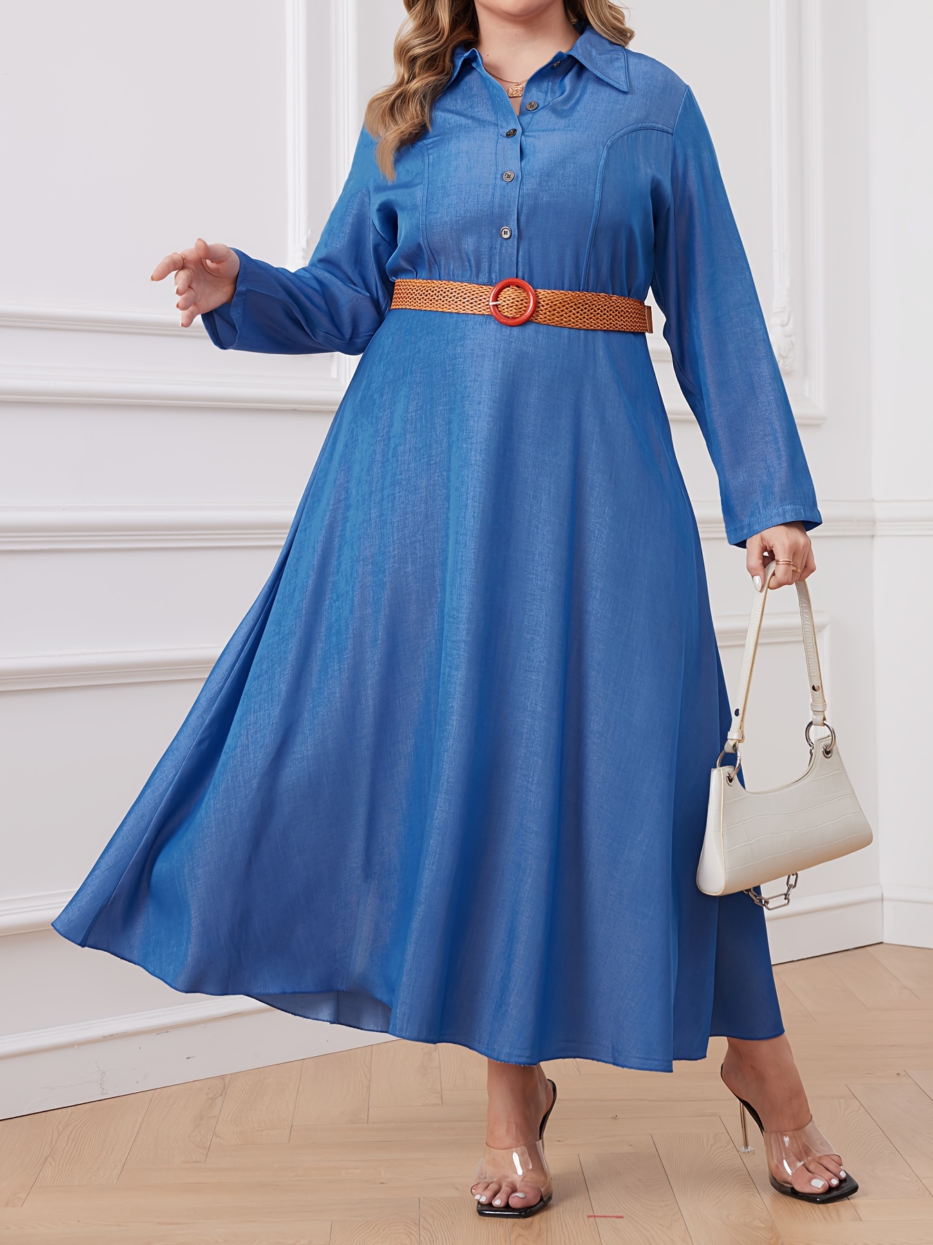 Plus Size Casual Denim Dress Women's Plus Solid Long Sleeve - Temu
