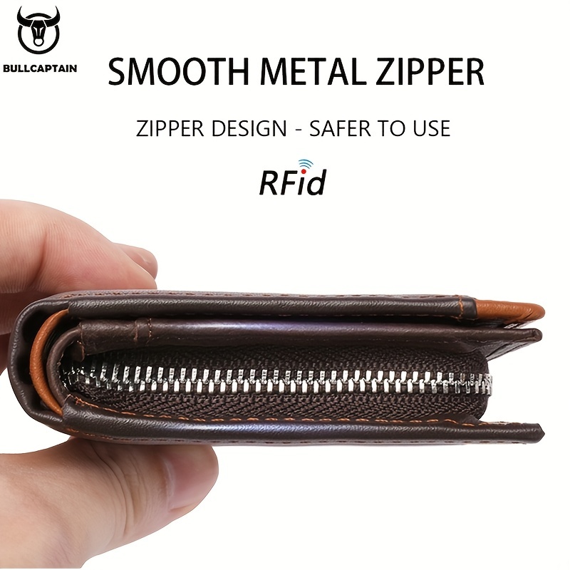  bullcaptain Mens Genuine Leather Zipper Wallet RFID