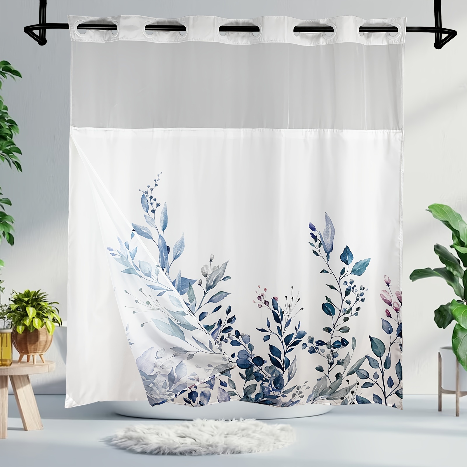 No Hook Plants Print Shower Curtain Shower Curtain Snap in - Temu