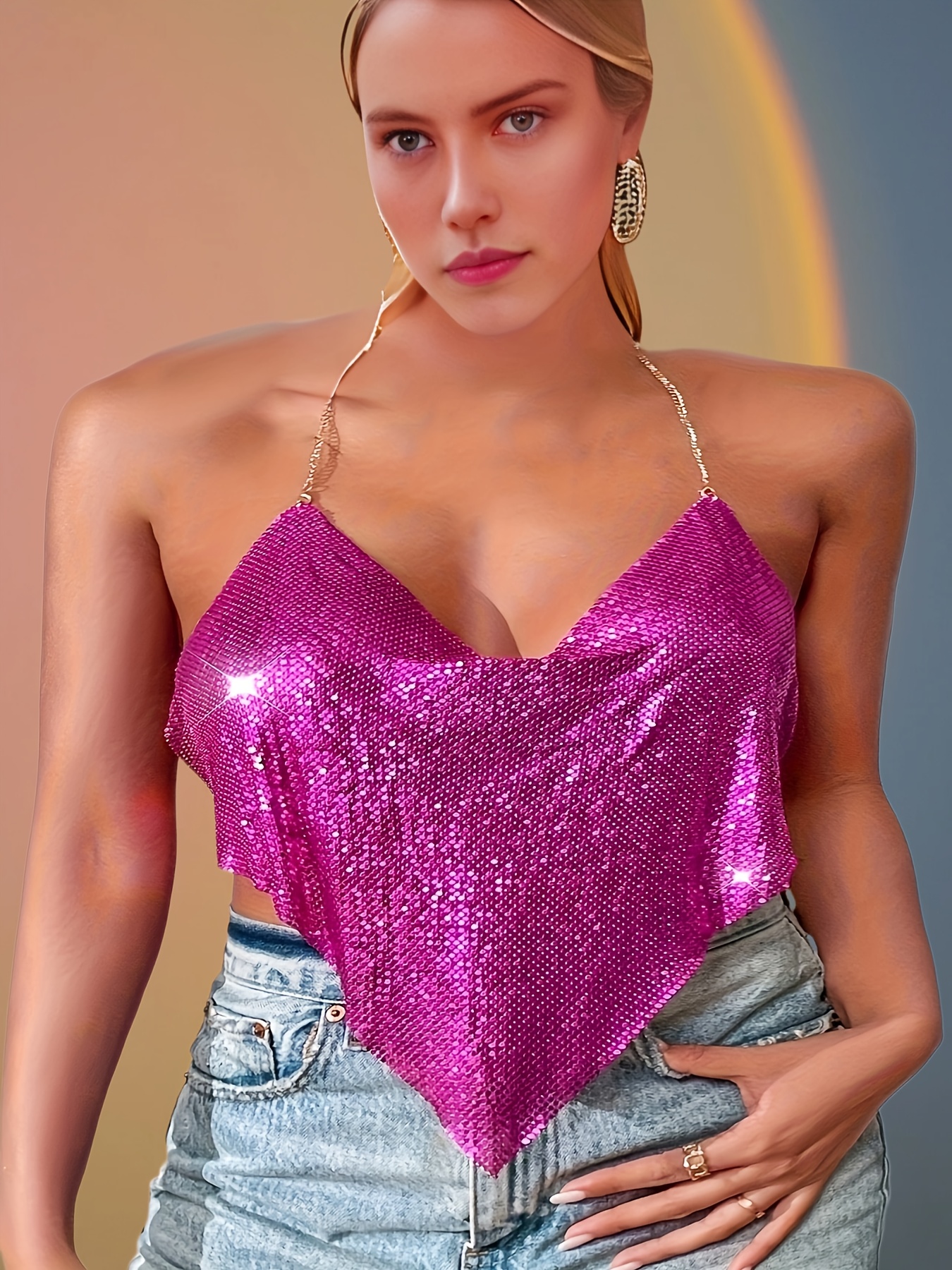 Sequined Cowl Neck Halter Top, Sexy Hanky Hem Backless Crop Top For Club &  Party, Women's Clothing