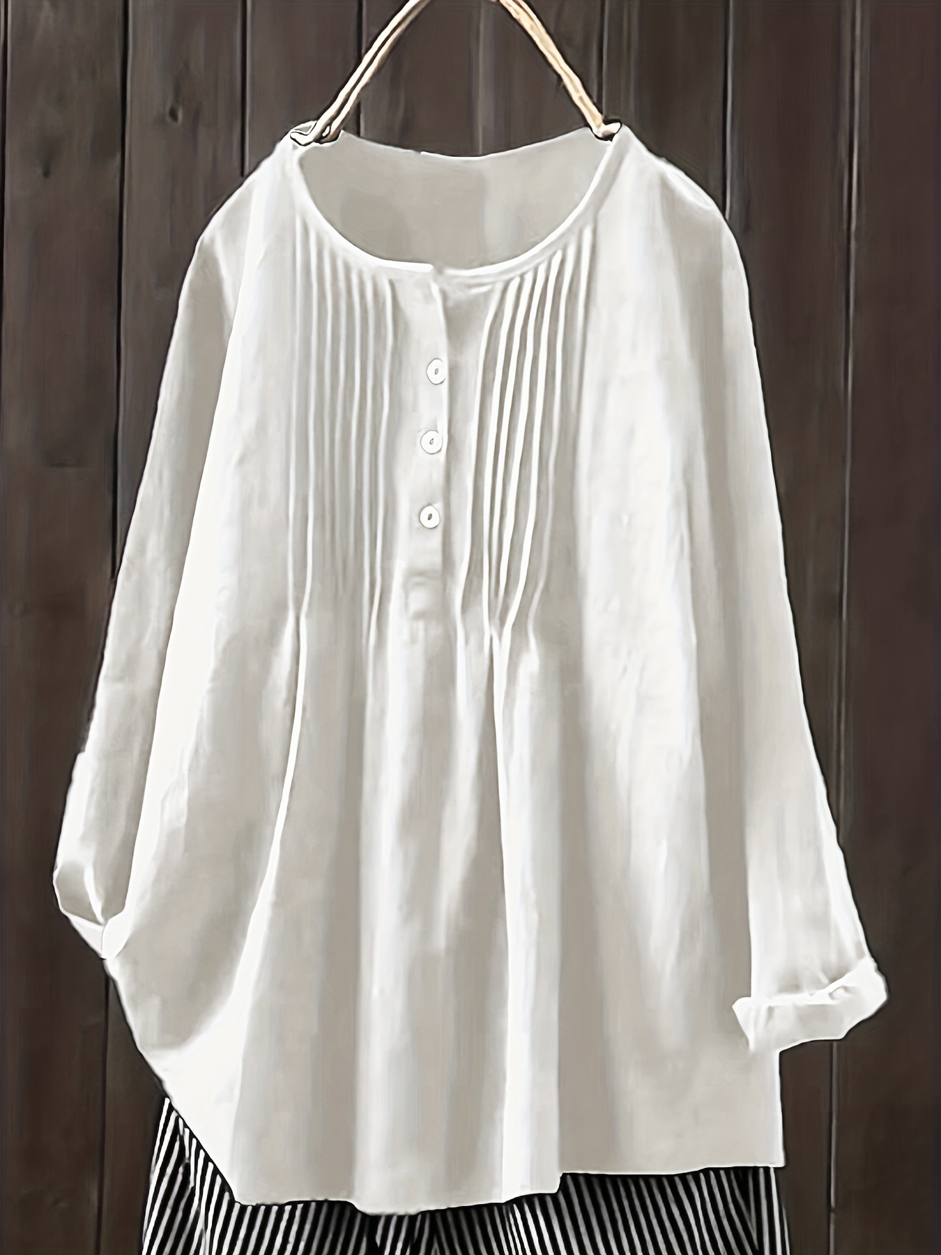 Solid Pleated Button Front Blouse Versatile Long Sleeve - Temu
