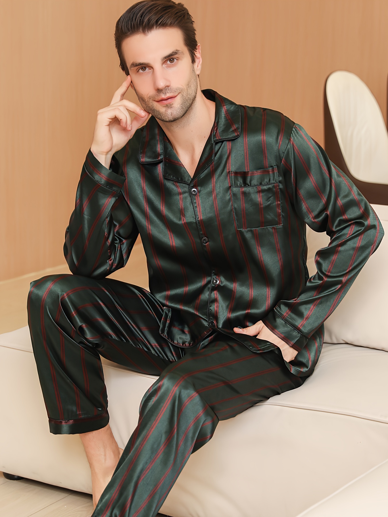 Men Checkered Silk Satin Pajamas Set Home Sleepwear Long Trouser