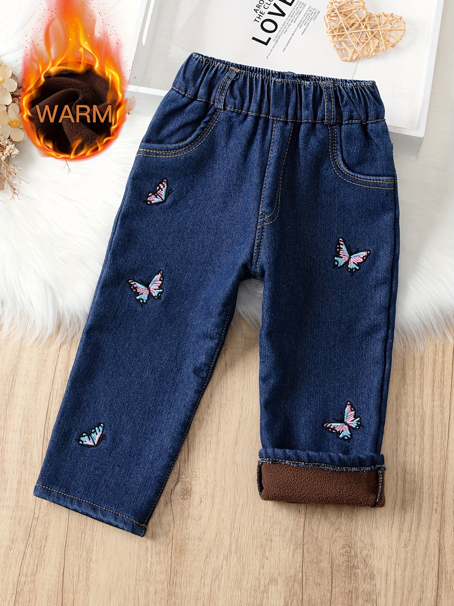 Girls Cute Butterfly Print Jeans, Fall/ Winter Casual Wide Leg Denim Pants
