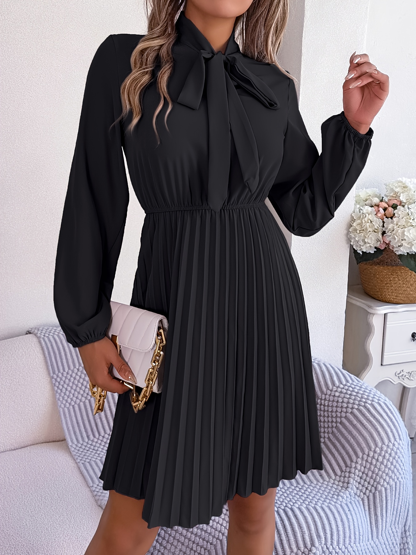 Tie Neck A Line Dress Elegant Long Sleeve Midi Dress Women's