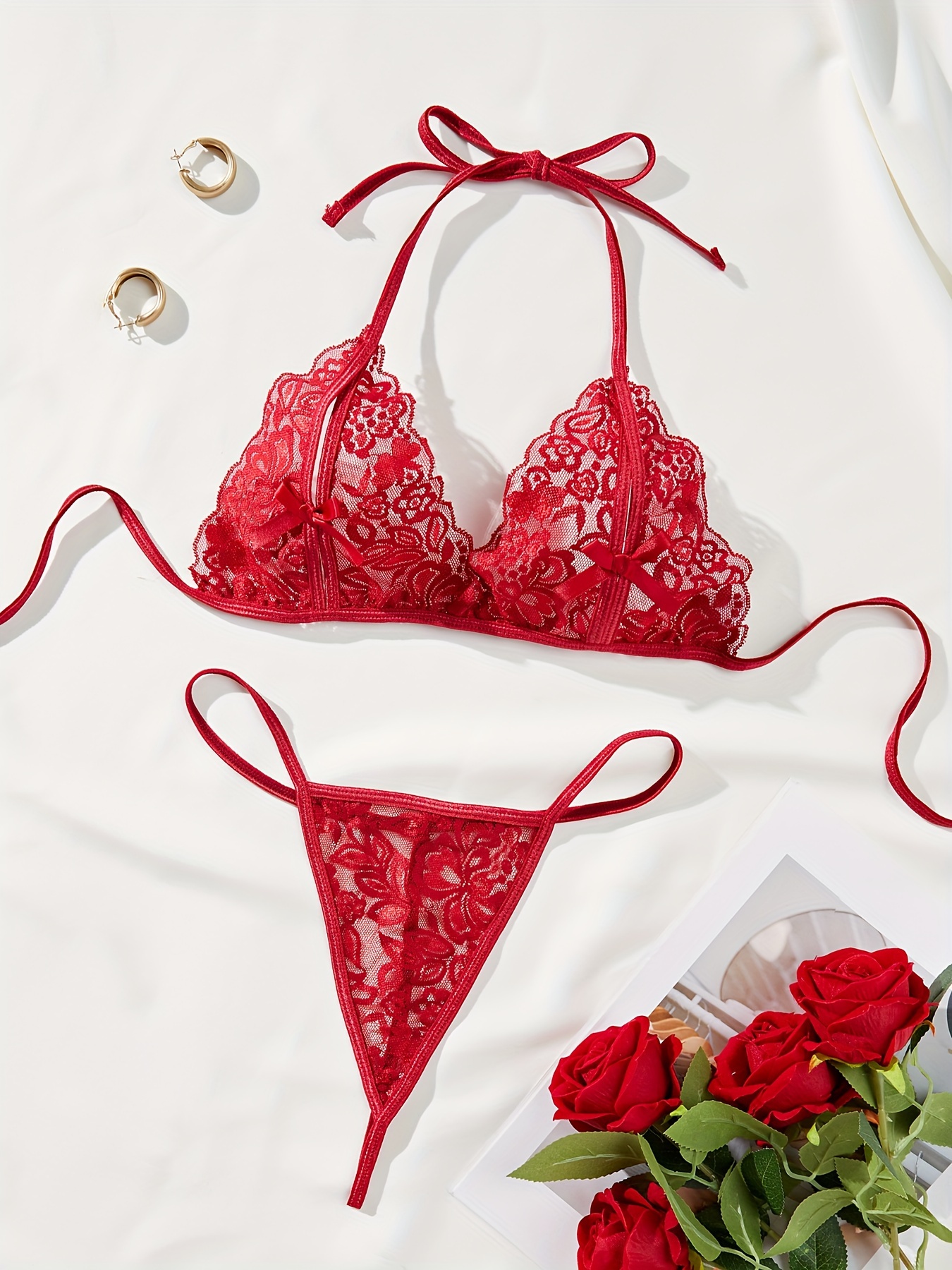 Floral Lace Lingerie Set Intimates Strappy Bra Cut Thong - Temu