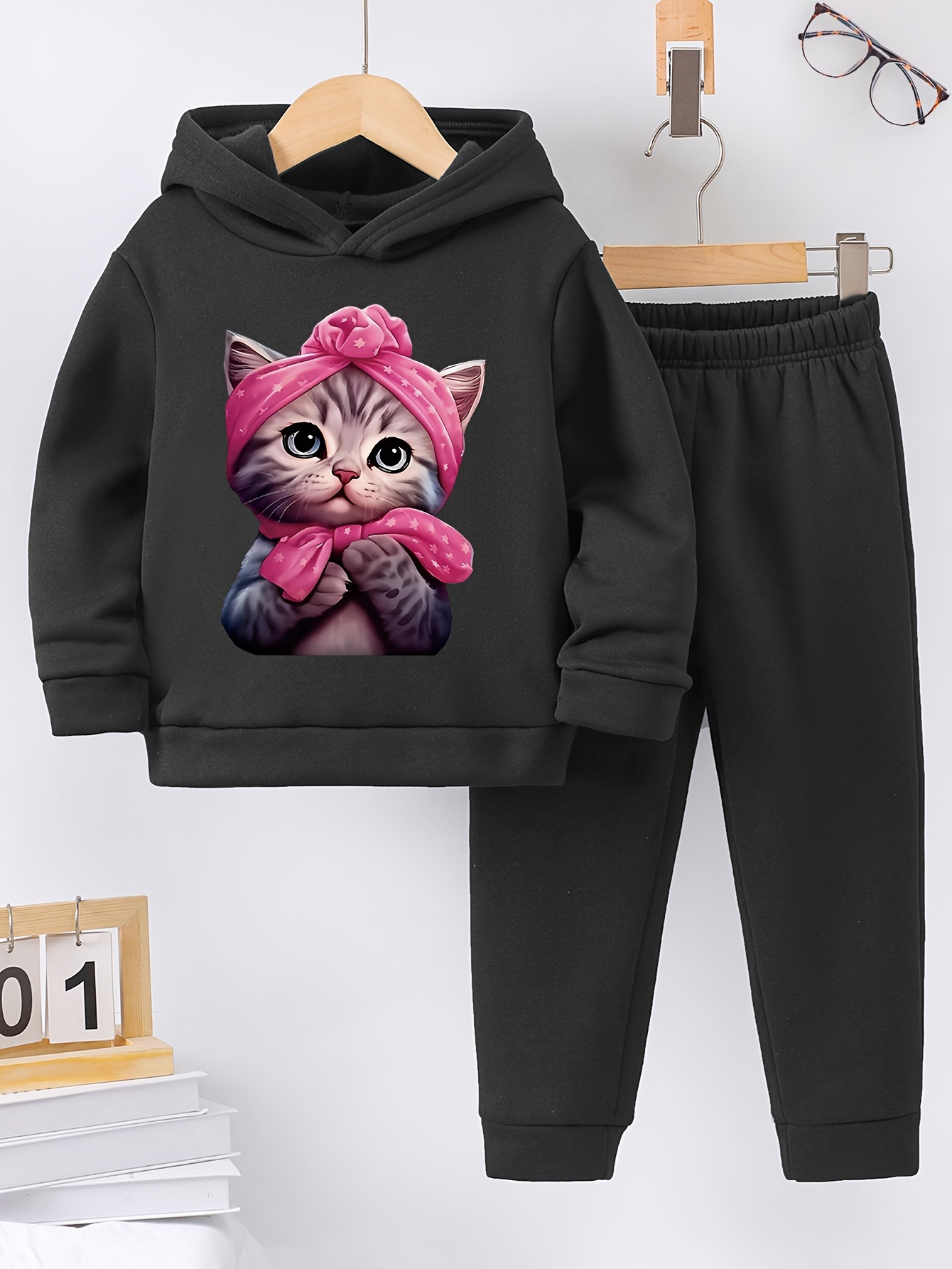 Casual Teddy Two piece Set Cute Cat Pattern Hooded Tops - Temu