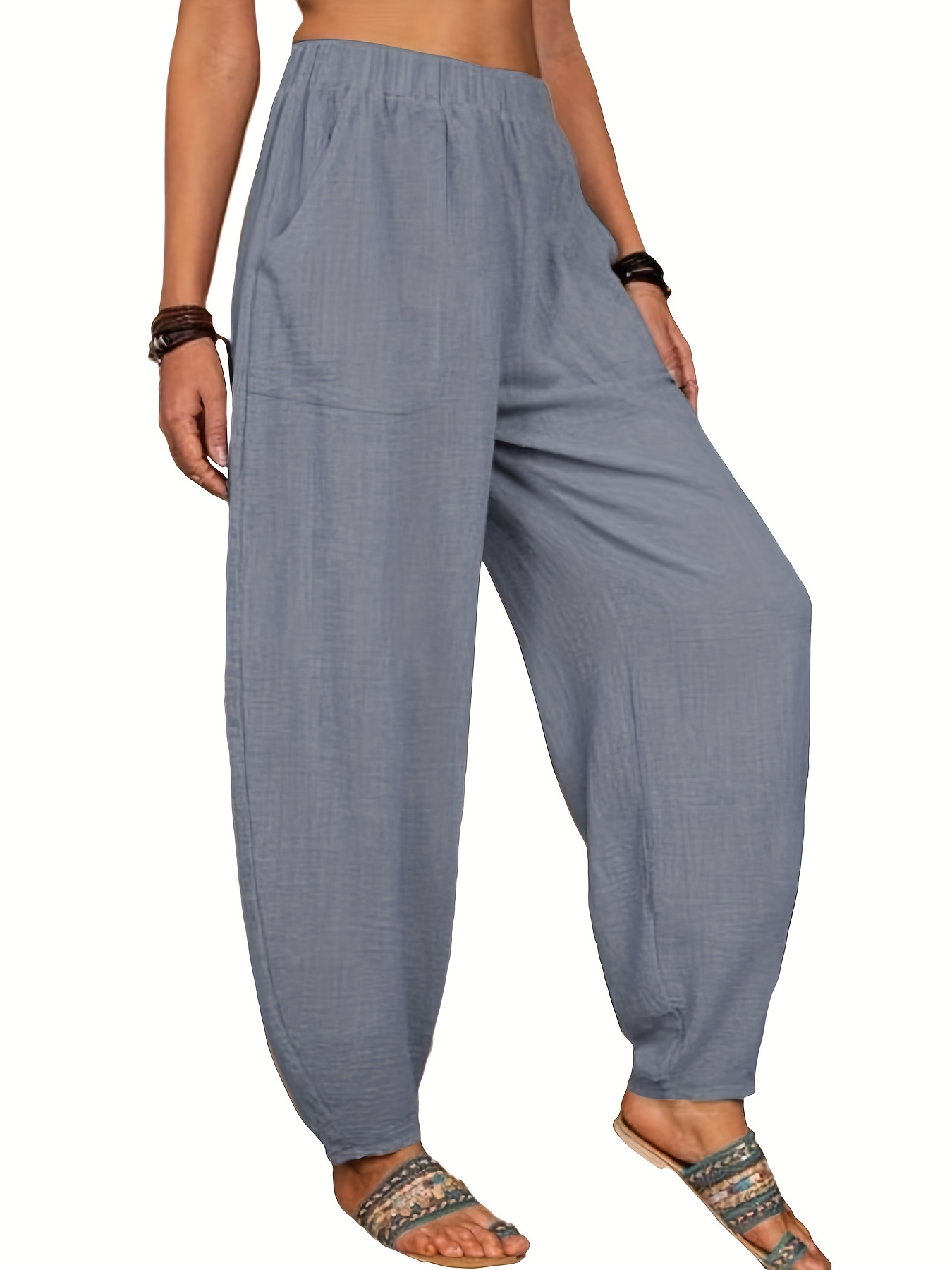 Pockets Baggy Harem Pants Casual Loose Elastic Waist Pants - Temu