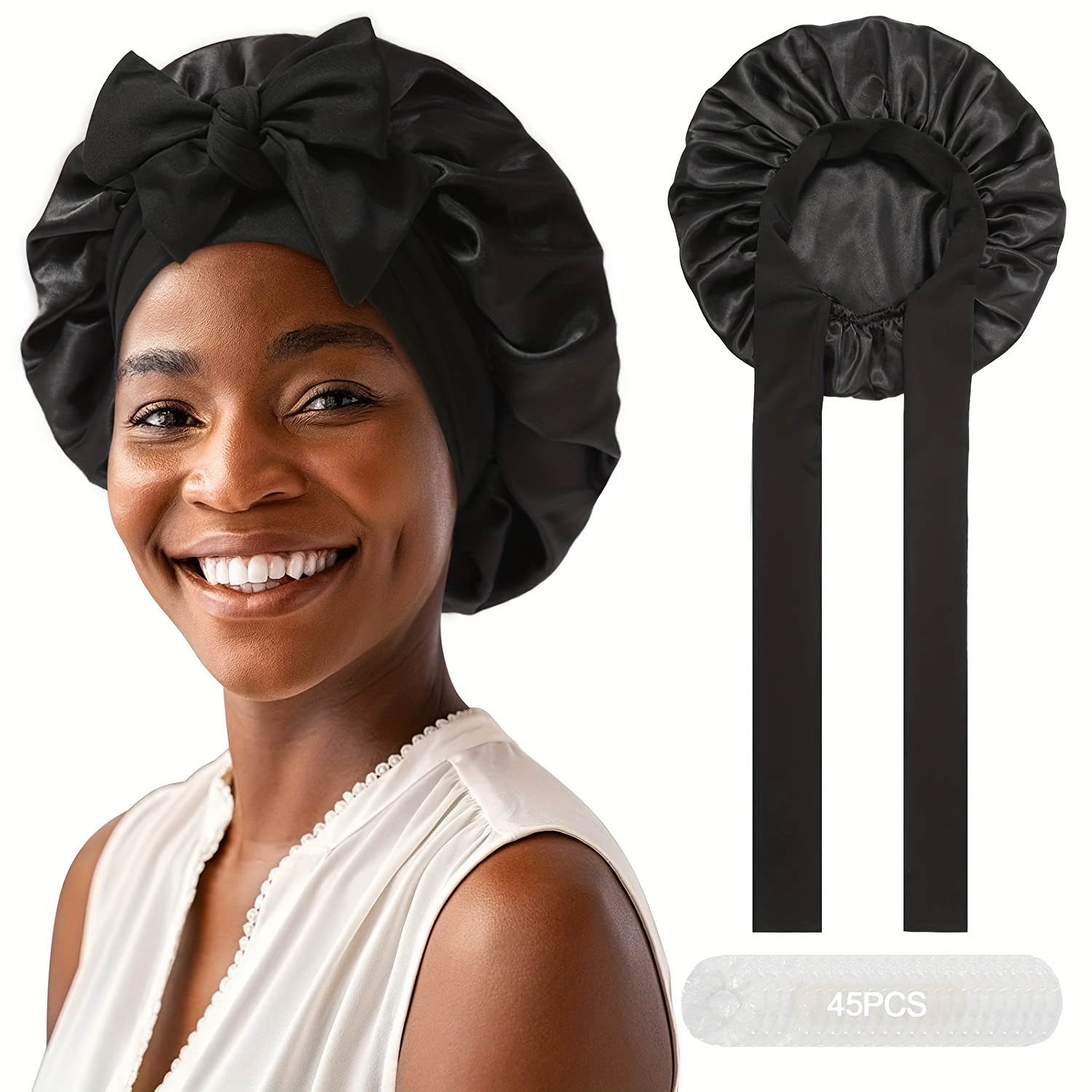 Satin Bonnet Per Donne Bonnet Per Capelli In Seta Per Dormire Con Fascia  Doppio Strato Per Capelli Ricci (nero) - Temu Italy