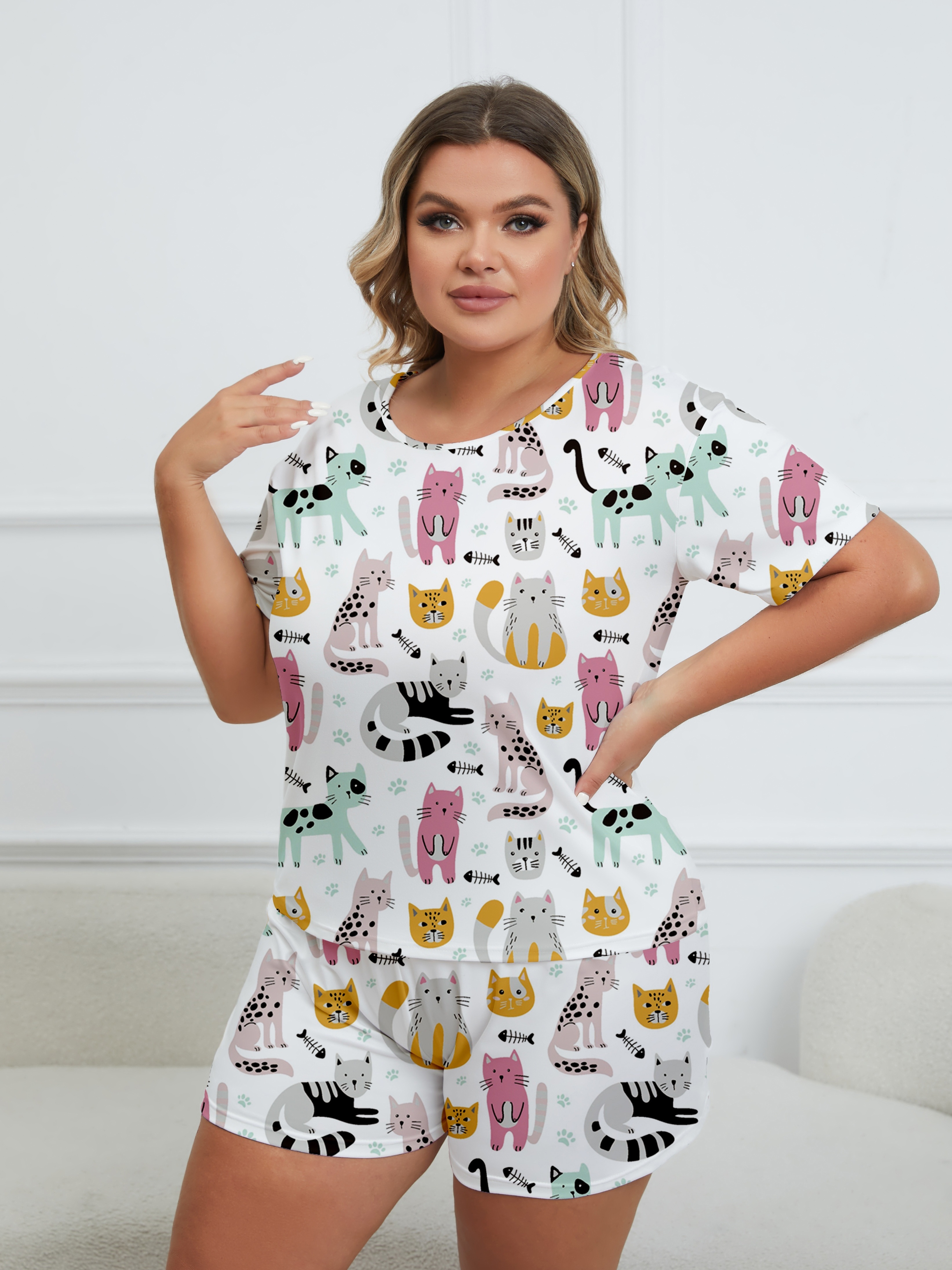 Plus Size Cute Loungewear Set Women s Plus Cartoon Cats Fish Print Short Sleeve Tee Shorts Comfort Graphic Pajamas Two Piece Set