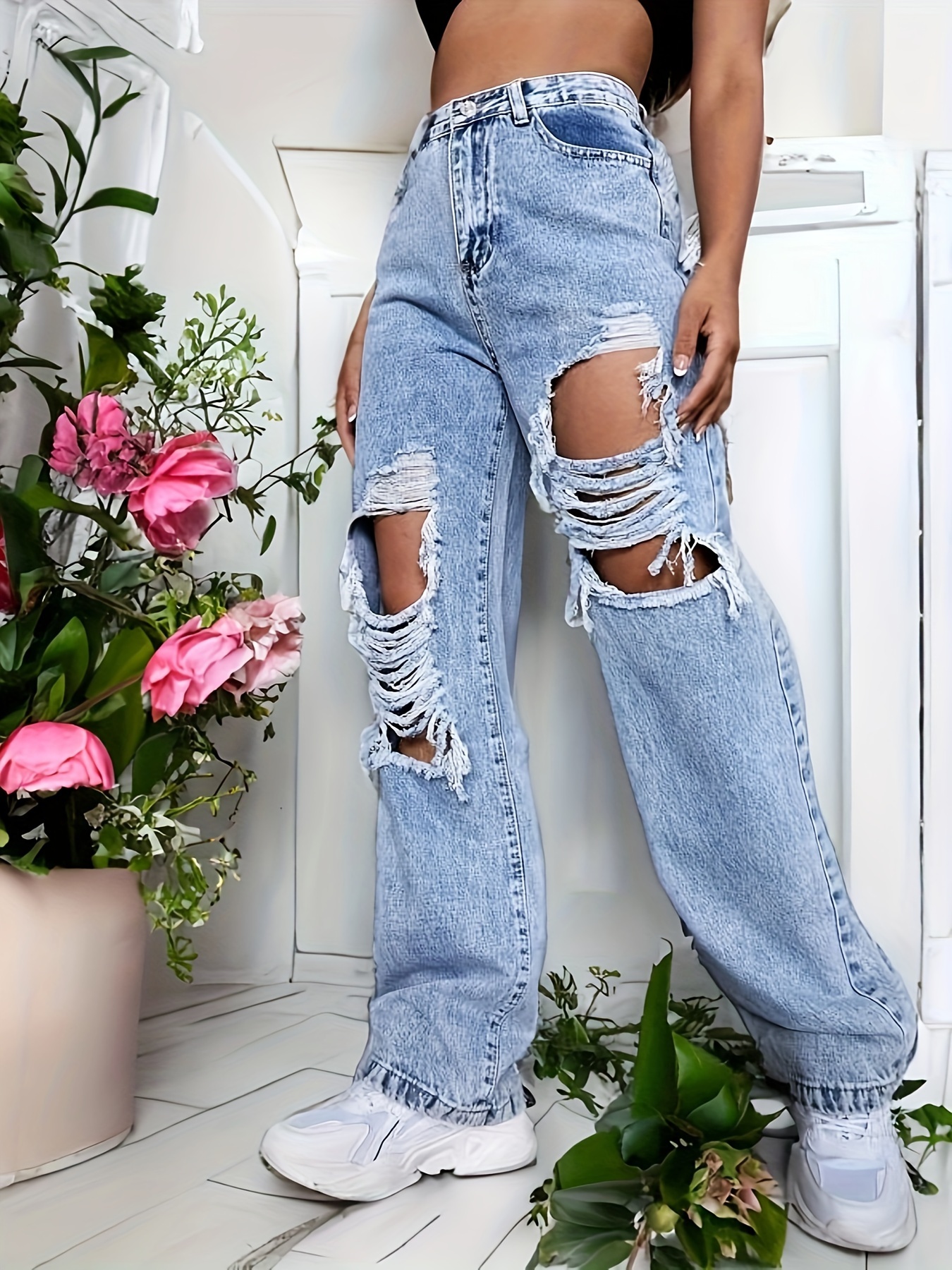 Ripped Distressed High Rise Jeans, Loose Fit Street Style Straight Denim  Pants, Women's Denim Jeans & Clothing