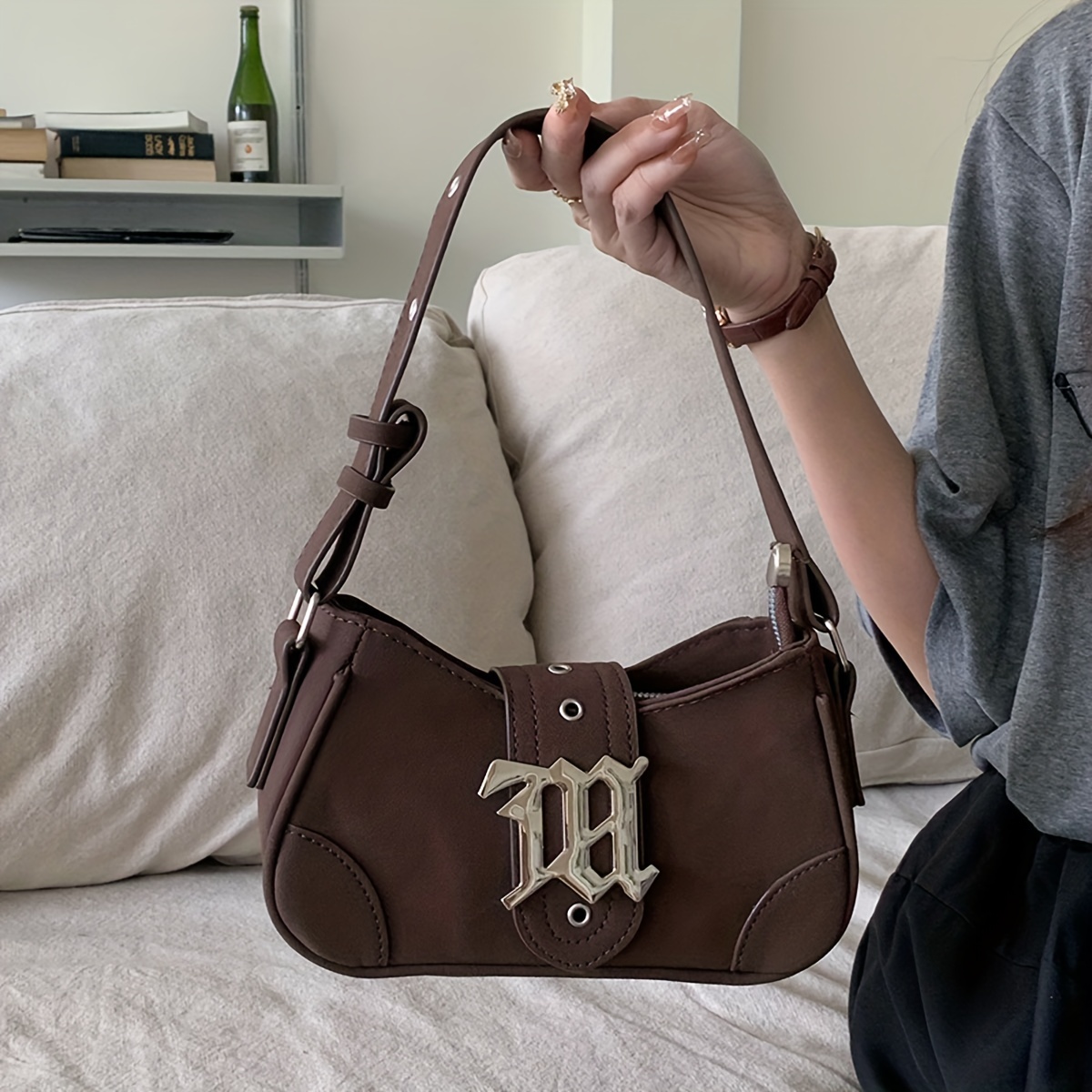 Niche Design Baguette Bag, Solid Color Y2K Underarm Bag, Trendy Shoulder Bag With Metal Buckle Decor