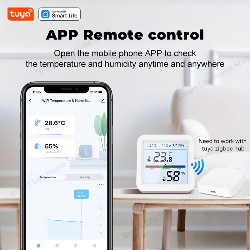 ZigBee Smart Thermometer Hygrometer, Indoor Humidity Meter and Temperature  Sensor with App Control, Large LCD Display, Remote Monitor for Home 