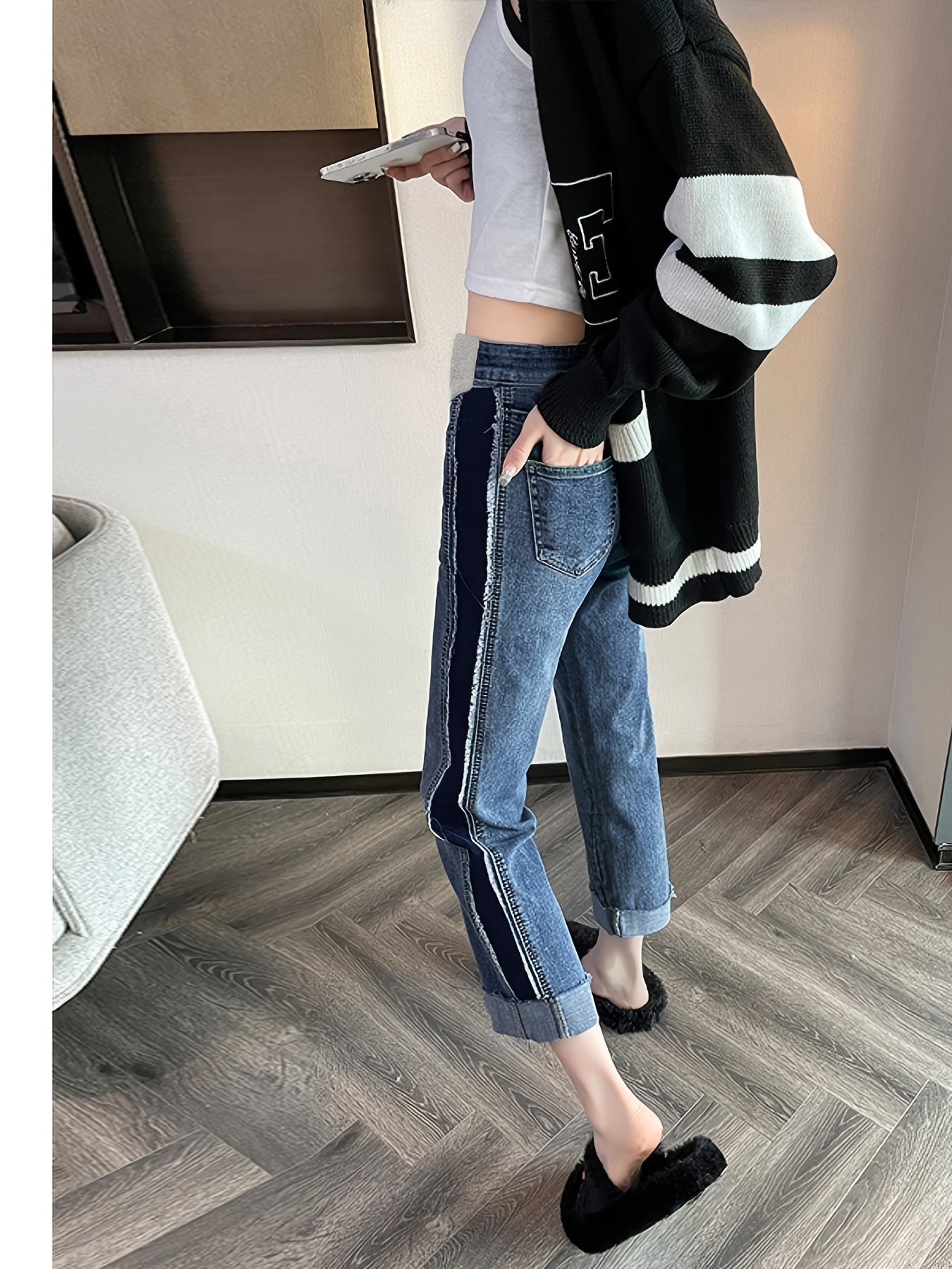 Maternity Pants Side Color Contrast Jeans Fashion match - Temu