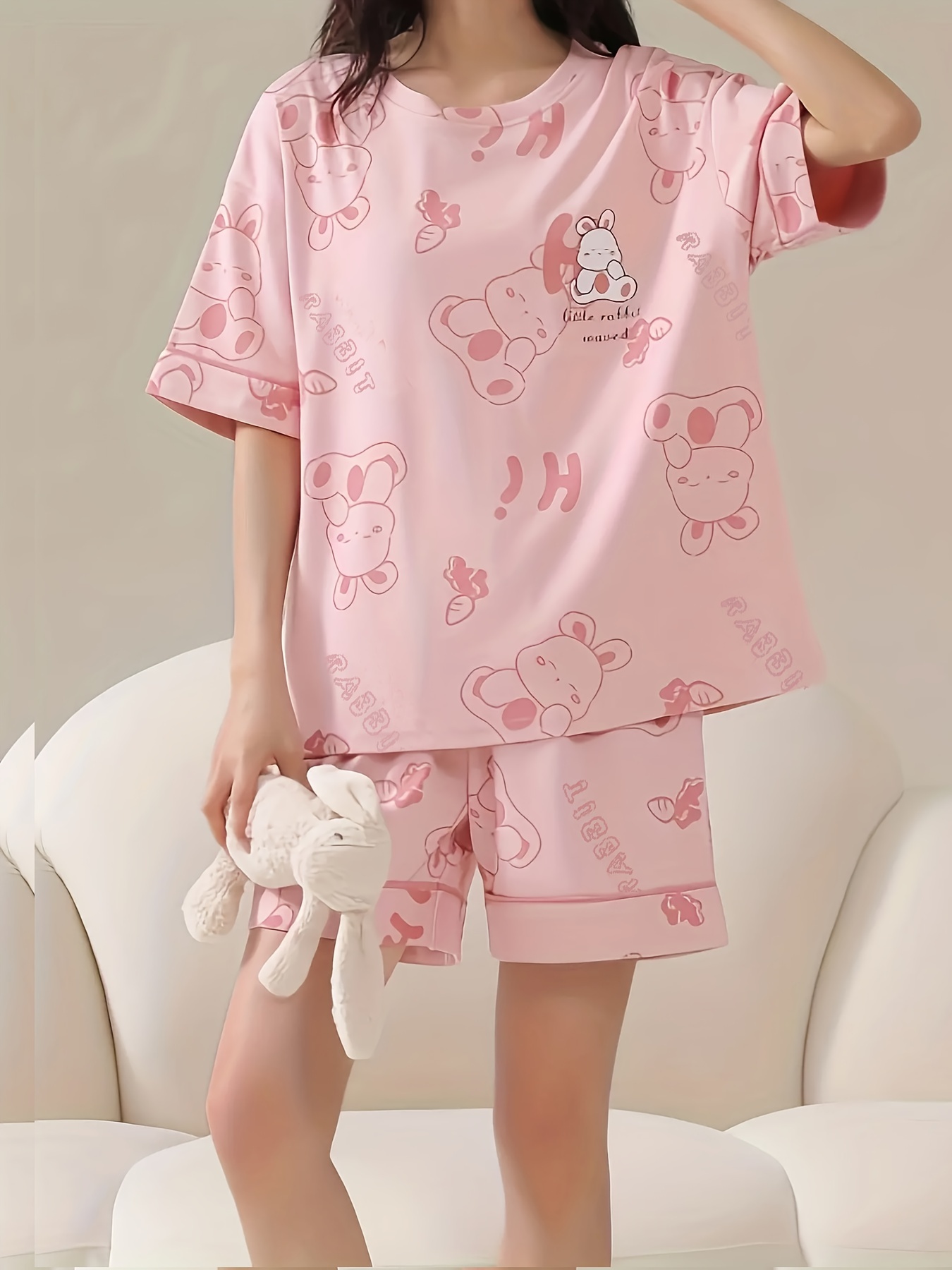 Summer Women's Loose Cute Pajamas Set Cute Prints Crew Neck - Temu