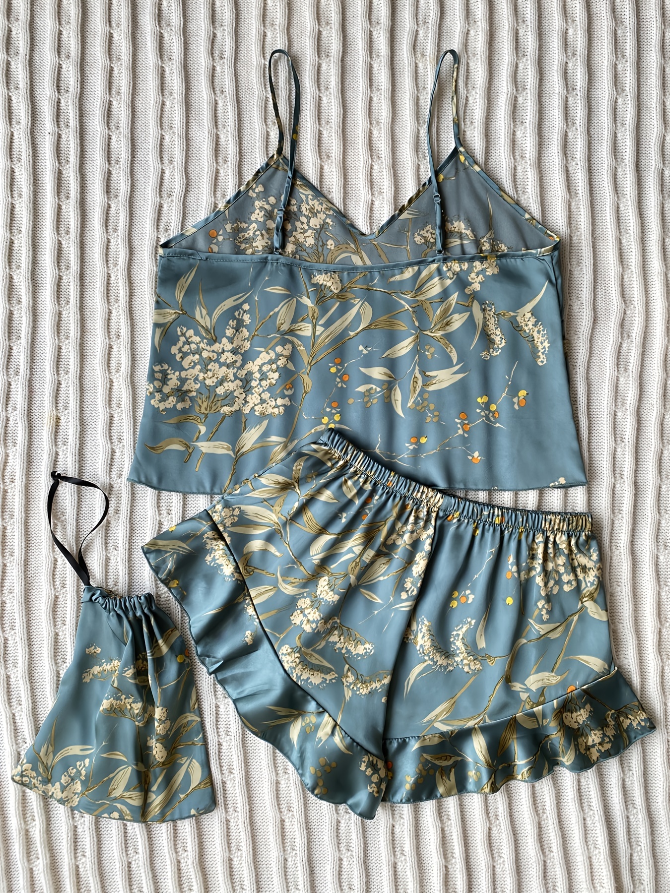 Elegant Floral Print Cami Tops Ruffle Hem Shorts Pajama Set - Temu