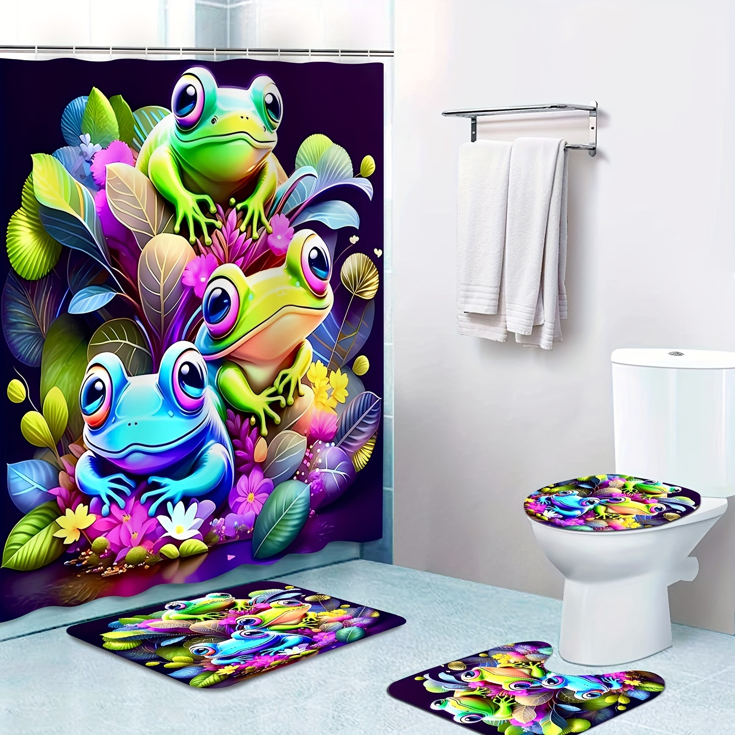 Cartoon Frog Print Shower Curtain Set Bath Rug U shape Mat - Temu