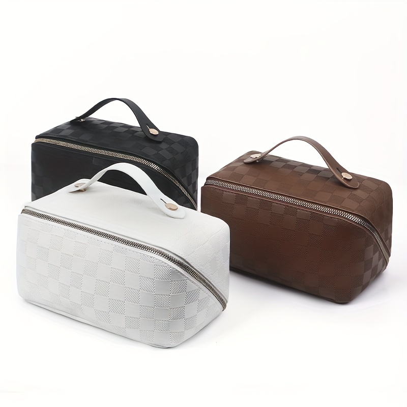 TBOLINE Large Capacity Travel Cosmetic Bag Checkered Makeup Bag PU Leather  Wa