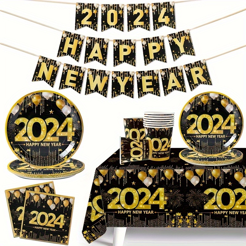 PLULON Nappe Happy New Year Couverture de Table en Plastique 2024 Nappe du  Nouvel an Noir