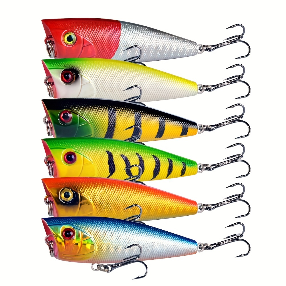 6pcs Popper Fishing Lure 2.36inch/6.5g Hard Bait Artificial Upper Water  Bass Trout Pike Wobbler Fishing Tackle With 2 Treble Hooks