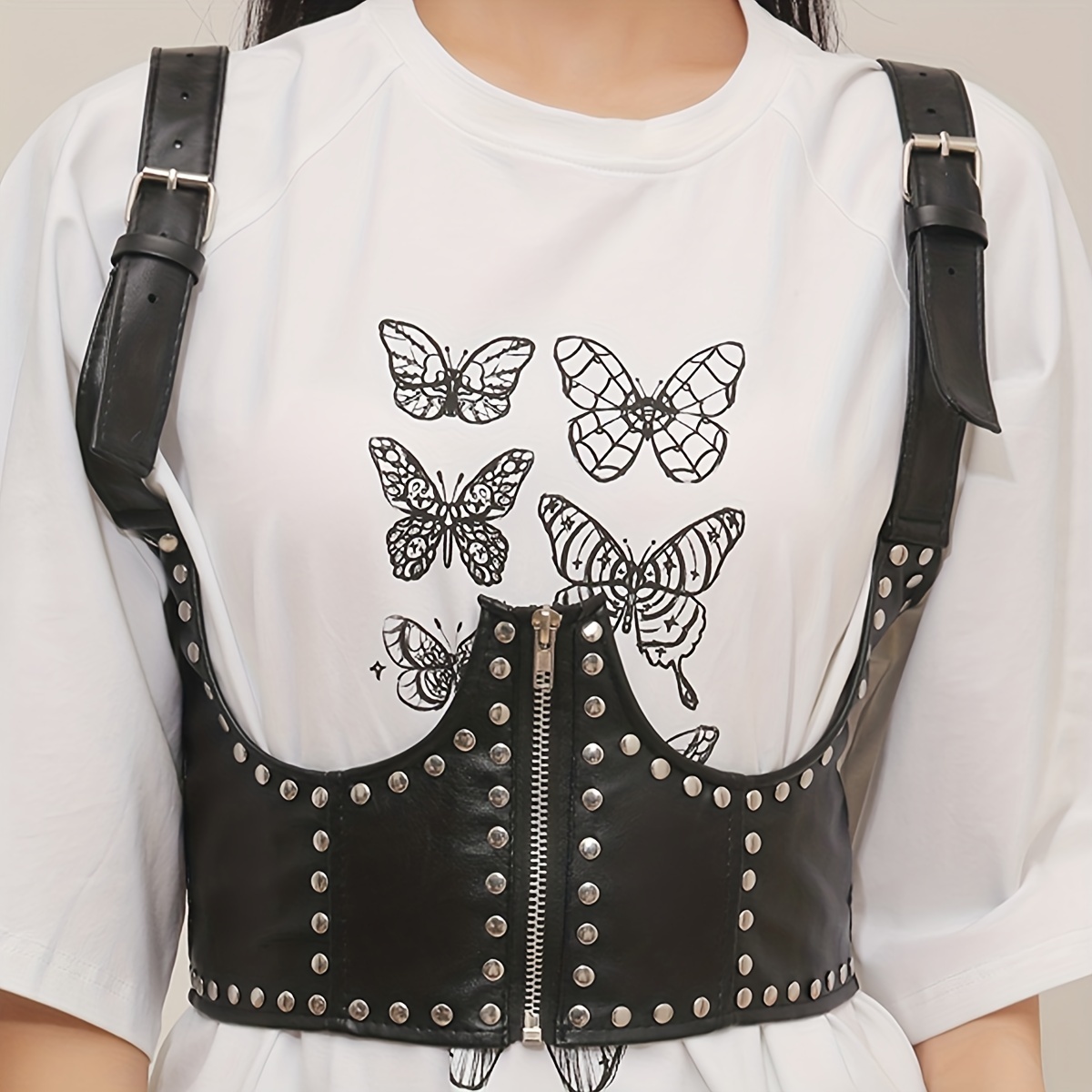 Punk Rivet Zipper Body Harness Corset Belt PU Leather Underbust Waistband  Adjustable Suspenders For Women