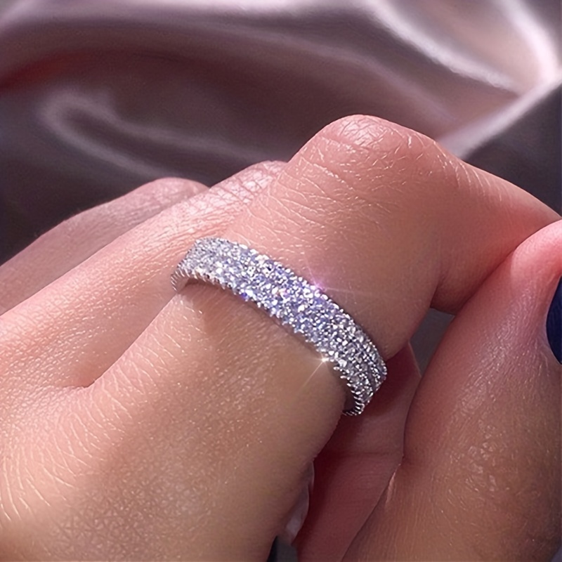  925 Sterling Silver Shiny Full Diamond Ring Cocktail Ring Round  Perfect Cut Cubic Zirconia Promise Rings CZ Single Row Diamond Ring