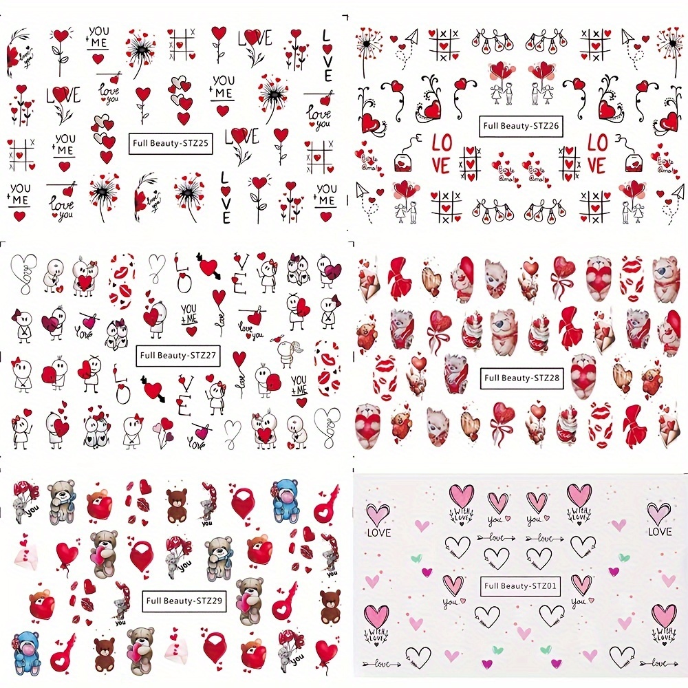 Image of 6pcs Nail And Valentine's Day Watermark Sticker Set Love Valentine's Day Nail Art Sticker Cartoon Cute Couple Lover Water Transfer Nail Sticker Sticker Decoration