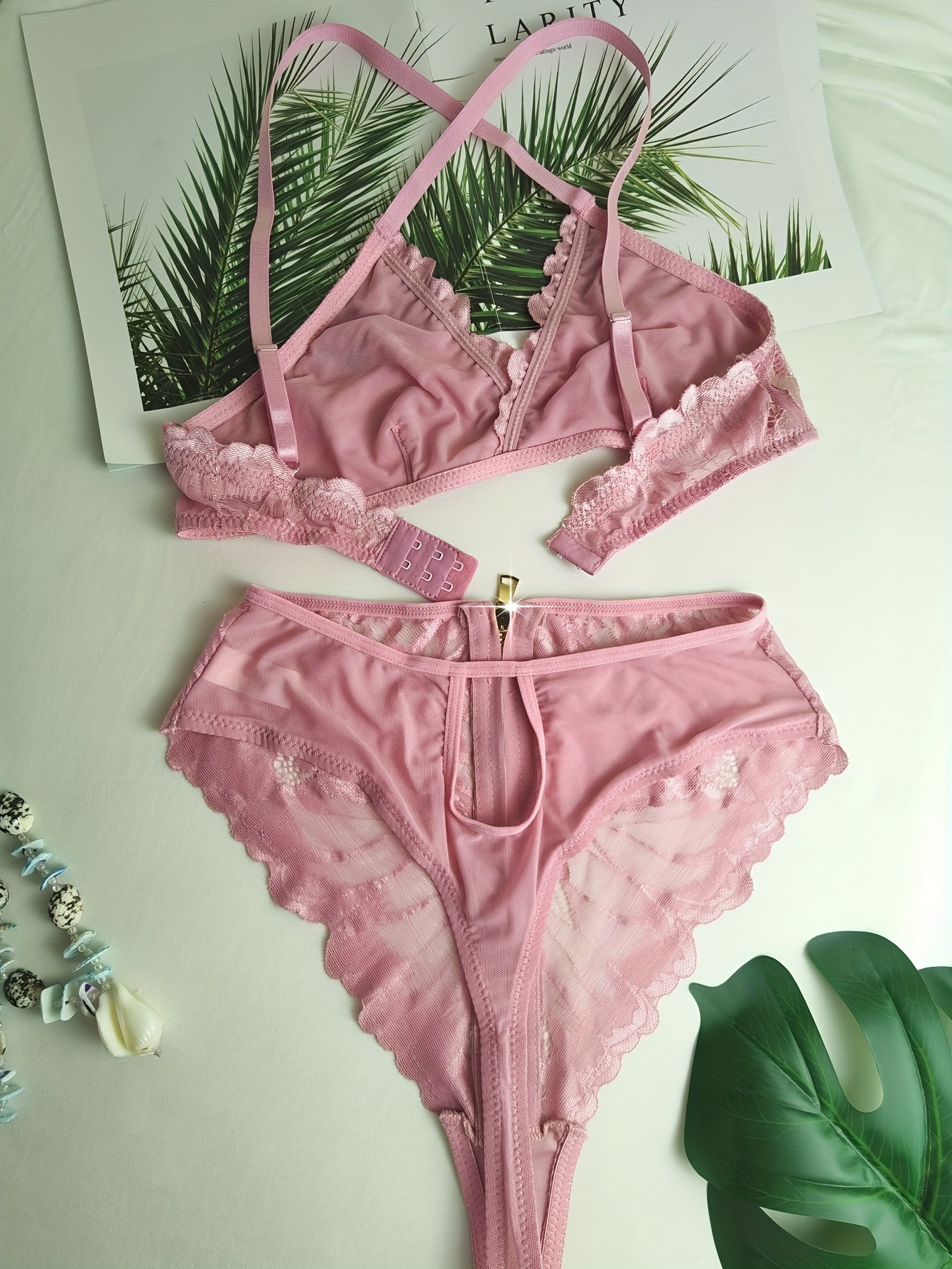 Buy Bikini, Floral Lace Racer Back Bra Underwear Lingerie Hipster Panty, NRLS13-Pink